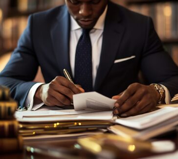 A Black lawyer is working on documents in his office
